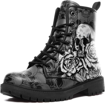 Skull Combat Boots for Men & Women Slip-Resistant Gothic Punk Style Cool Chunky Black Boots Vegan Leather Work Ankle Booties