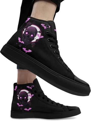 Skull High Top Canvas Sneakers for Men Women, Gothic Floral Print Streetwear Casual Fashion Skate Shoes