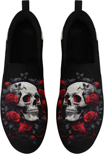 Women's Gothic Skull Slip-Ons Sneakers Elastic Canvas Casual Loafers Rock &Punk Low Top Walking Shoes for Men