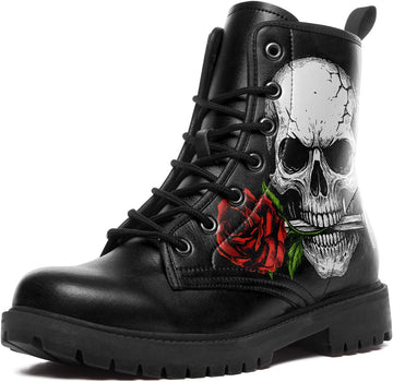 Black Skull Rose Combat Boots for Women Fashion | Lace-Up Skull Rose Ankle Booties Chunky Heel Platform Leather Boots