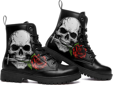 Black Skull Rose Combat Boots for Women Fashion | Lace-Up Skull Rose Ankle Booties Chunky Heel Platform Leather Boots