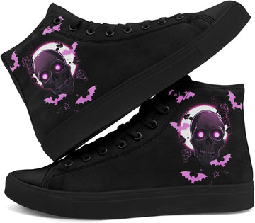 Skull High Top Canvas Sneakers for Men Women, Gothic Floral Print Streetwear Casual Fashion Skate Shoes