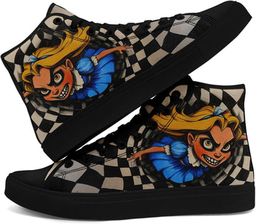 High Top Alice in Wonderland Sneakers | Horror Cartoon Print Casual Shoes for Women | Creepy Cute Halloween Cosplay Streetwear