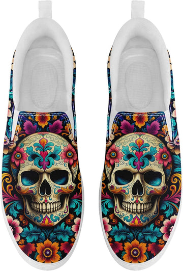 Women's Colorful Gothic Skull Slip-On Loafers Canvas Sneakers with Floral Tattoo Art, Casual Comfortable Streetwear Shoes Men