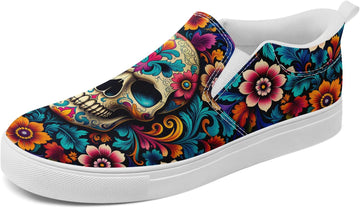 Women's Colorful Gothic Skull Slip-On Loafers Canvas Sneakers with Floral Tattoo Art, Casual Comfortable Streetwear Shoes Men