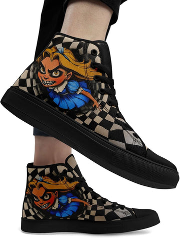 High Top Alice in Wonderland Sneakers | Horror Cartoon Print Casual Shoes for Women | Creepy Cute Halloween Cosplay Streetwear