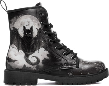 Gothic Combat Bat Boots | Bat Artwork Lace-Up Vegan Leather Booties Punk Rock Chuncky Heel Fashion Black Boot