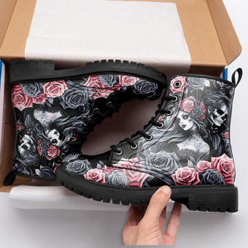 Fashion Men's & Women's Combat Ankle Boots, Heart Print Fashion Short Booties Rose and Skull Durable Lace-Up Work Boots, Gift For Her Lover
