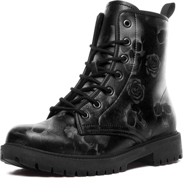 Womens & Mens Gothic Combat Boots | Punk Rock Vegan Leather Ankle Booties Anti-Slip Skull & Roses Black Platform Work Boots
