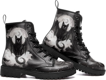 Gothic Combat Bat Boots | Bat Artwork Lace-Up Vegan Leather Booties Punk Rock Chuncky Heel Fashion Black Boot
