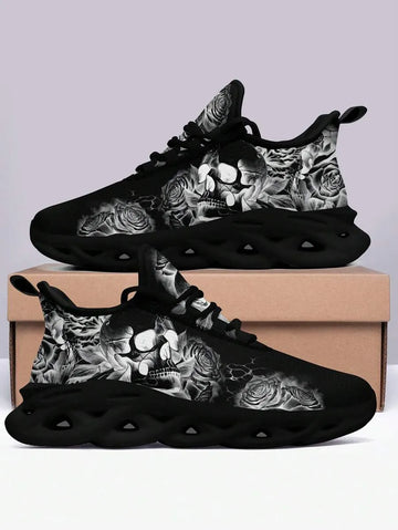 Men's Gothic Rose Skull Pattern Running Shoes | Print-On-Demand Custom Sneakers with Your Name & Logo